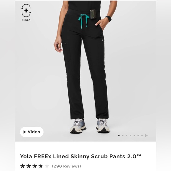 Figs Black Yola FREEx lined skinny  Scrub Pants with Turquoise Drawstring - Picture 1 of 6